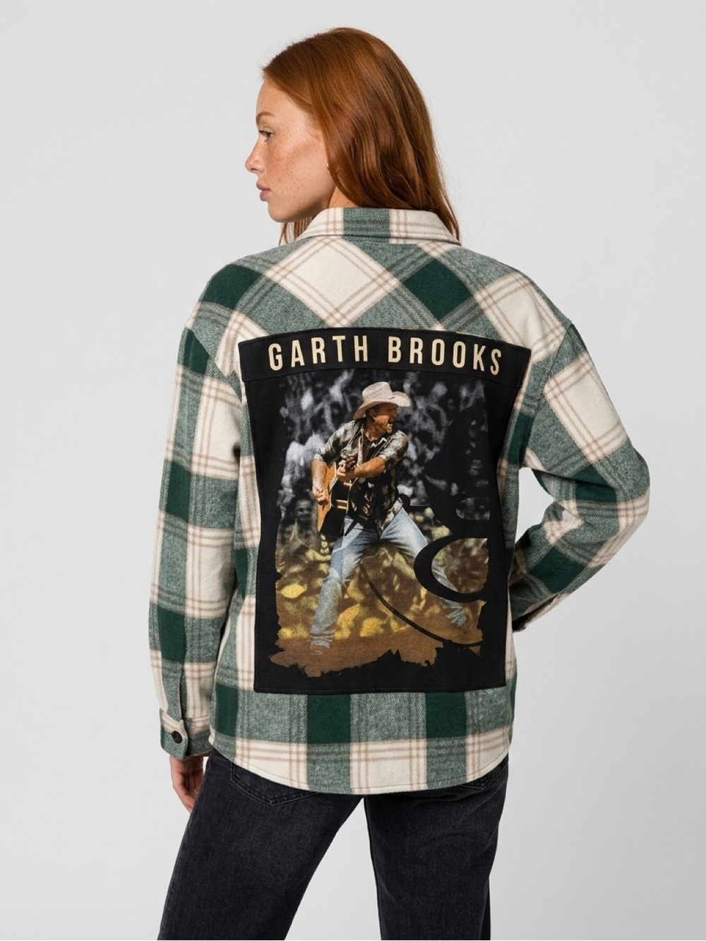 Garth Brooks Upcycled Concert T-shirt on Green Plaid Shacket Womens Jacket Large